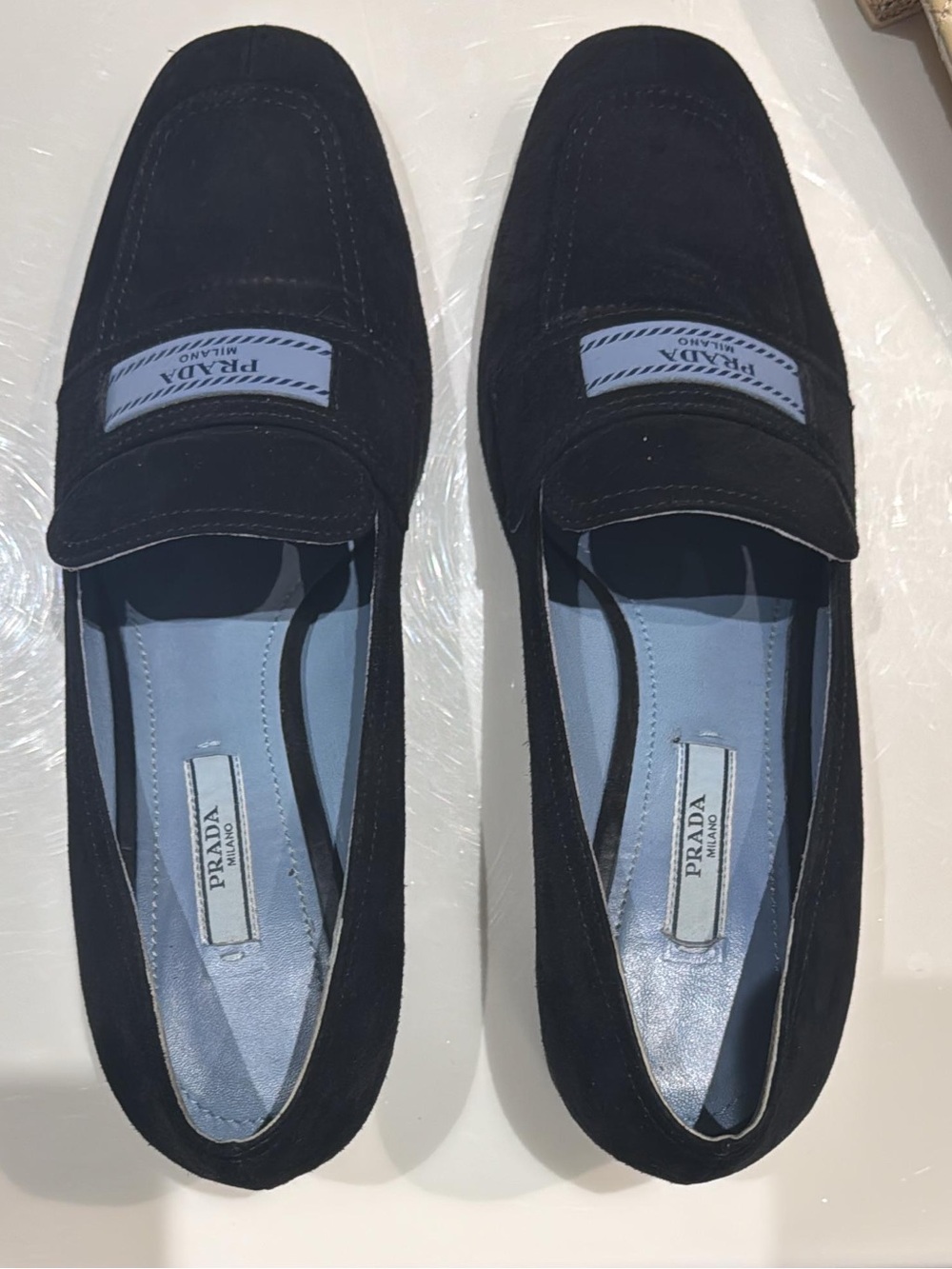Prada Navy Suede Penny Loafers with Light Blue Insole